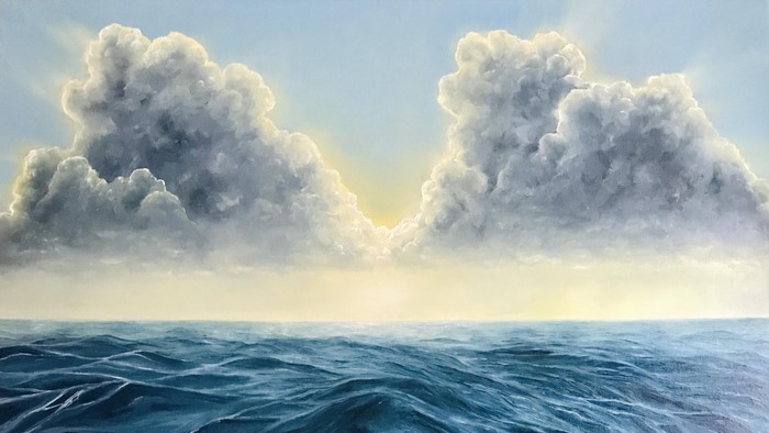 Painting of stormy sea and clouds with sunlight breaking through