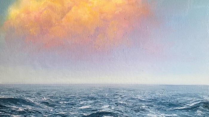Painting of a stormy sea under a colorful sky