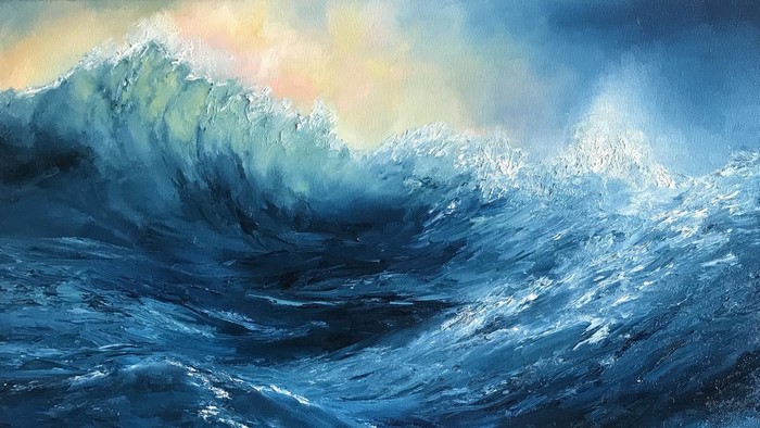 Painting of a large ocean wave crashing under a cloudy sky
