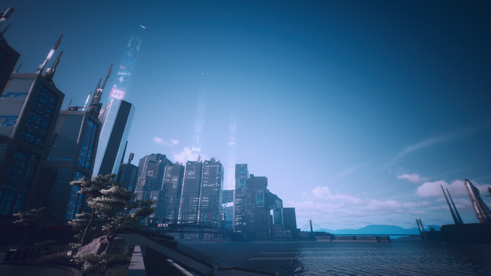 Cyberpunk 2077 cityscape with futuristic buildings