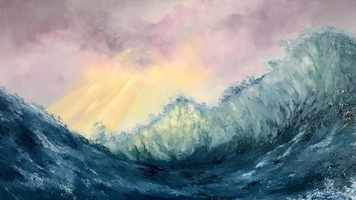 Painting of ocean waves under a cloudy sky with sunlight