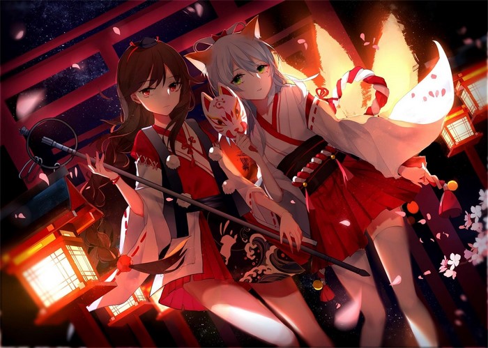 Anime girls with fox ears and traditional Japanese attire