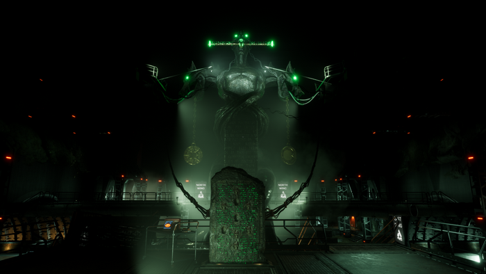 Giant statue with scales in a dark chamber