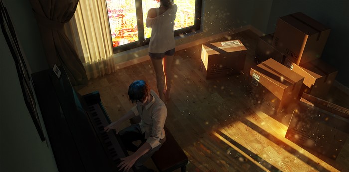 Anime couple in room with piano and moving boxes