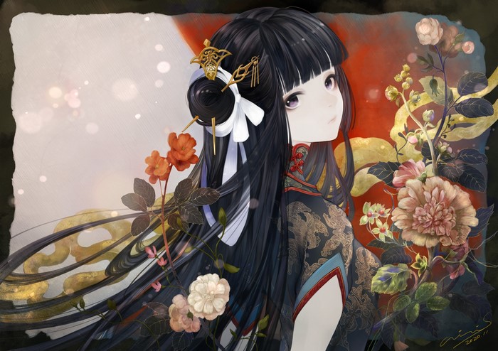 Anime girl with long dark hair and purple eyes