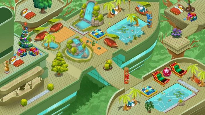 Cartoon bird resort with pools and Christmas decorations