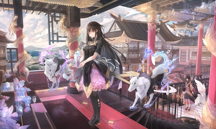 Anime girl with wolf spirits in Asian architecture
