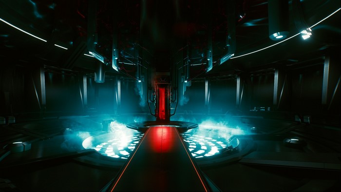 Cyberpunk 2077 interior with glowing machinery