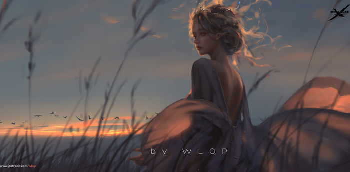 WLOP Fantasy Girl at Sunset