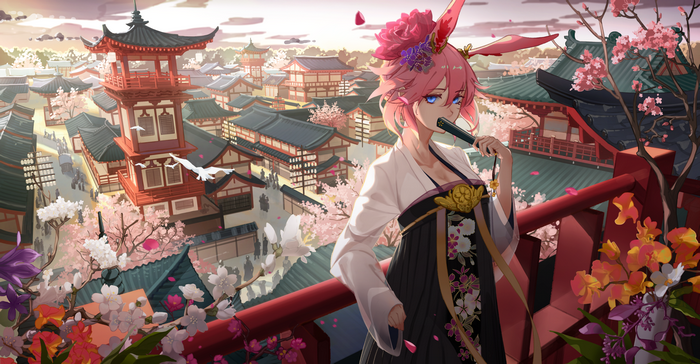 Yae Sakura from Honkai Impact 3rd in a Japanese town