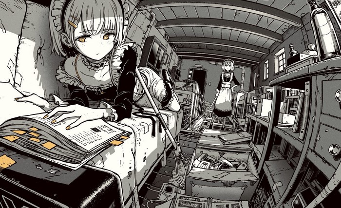 Anime maids cleaning and reading in a cluttered room