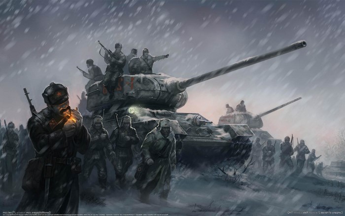 Red Army soldiers and T-34 tanks in winter