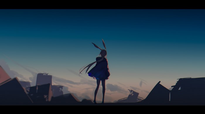 Amiya from Arknights standing in ruins at sunset