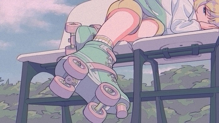 Anime girl with roller skates on a bench
