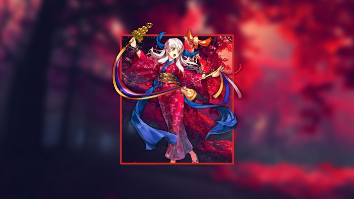 Anime girl in red kimono with ribbons and bird