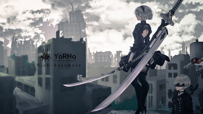 4K NieR: Automata 2B and Pod 042 in ruined city