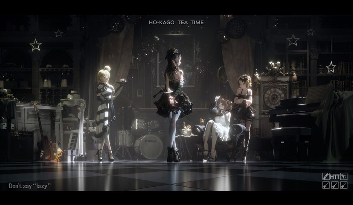 K-ON! girls in gothic Lolita outfits in a ballroom