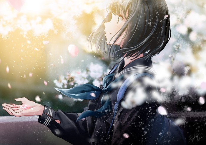 Anime girl in school uniform with falling petals