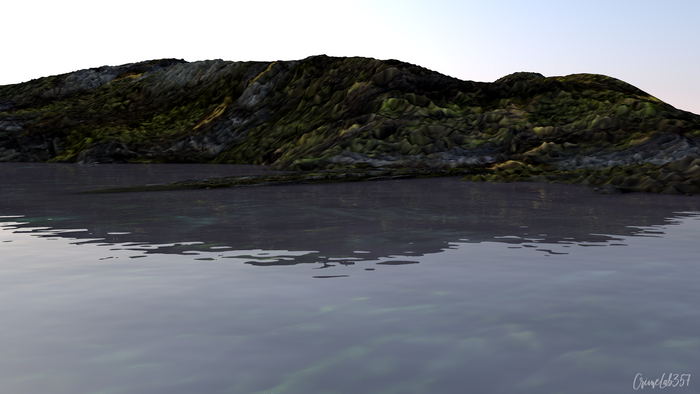 3D rendered landscape with rocky hills and water
