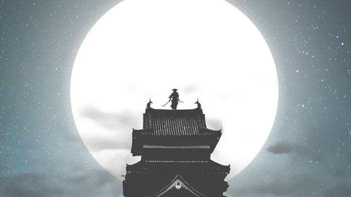 Samurai Silhouette Against Massive Moon