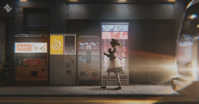 Anime girl walking past vending machines in a city