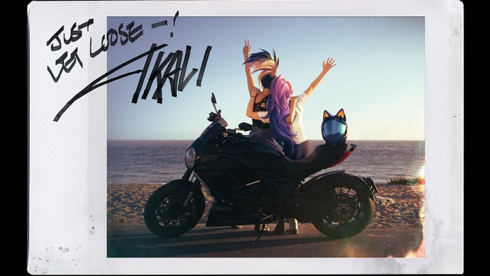 Akali and Seraphine from League of Legends on a motorcycle