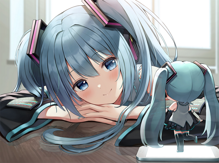 Hatsune Miku with a chibi figure on a phone