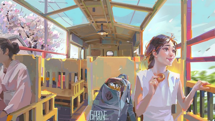 Anime girls on a train with cherry blossoms