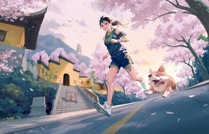 Wenfei Ye Running with Dog by Cherry Blossoms