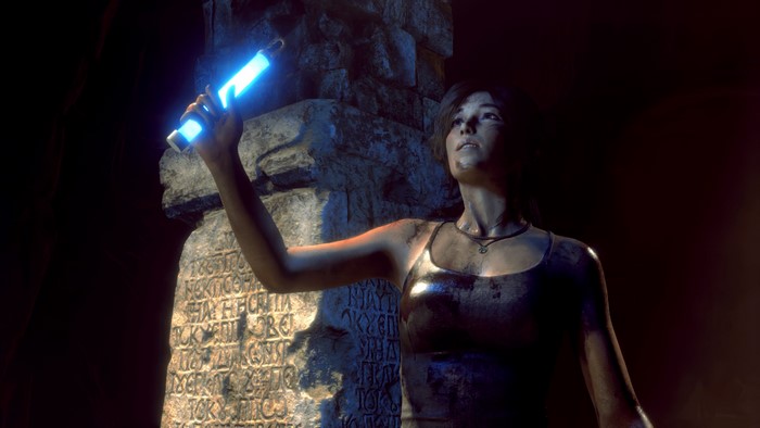 Lara Croft from Tomb Raider holding a glow stick