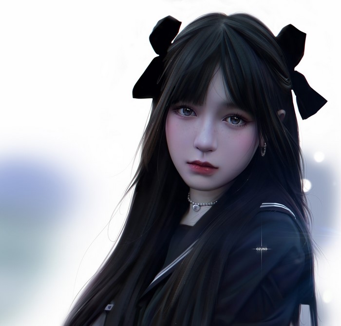 Portrait of a young woman with black hair and ribbons