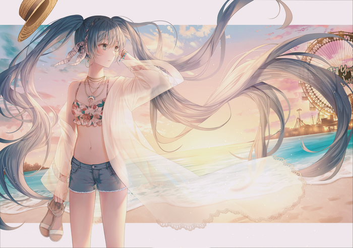 Hatsune Miku on a beach with a Ferris wheel