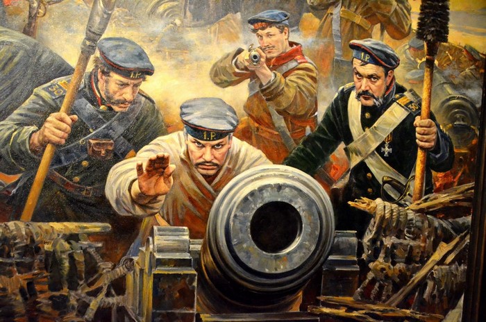 Russian soldiers operating a cannon during the Crimean War