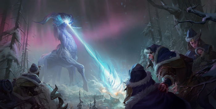 Winter's Wrath: A Frost Drake attacks a village in a snowy forest