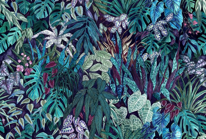 Watercolor painting of a dense jungle with various tropical plants