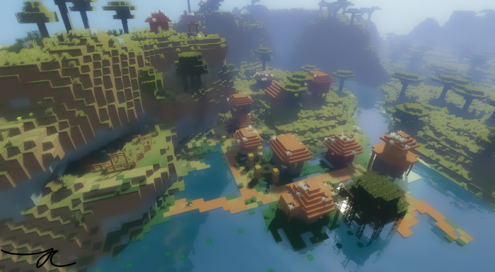 Minecraft village on a river with trees