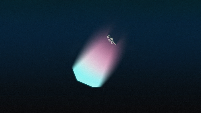 Astronaut floating near a glowing geometric object in space