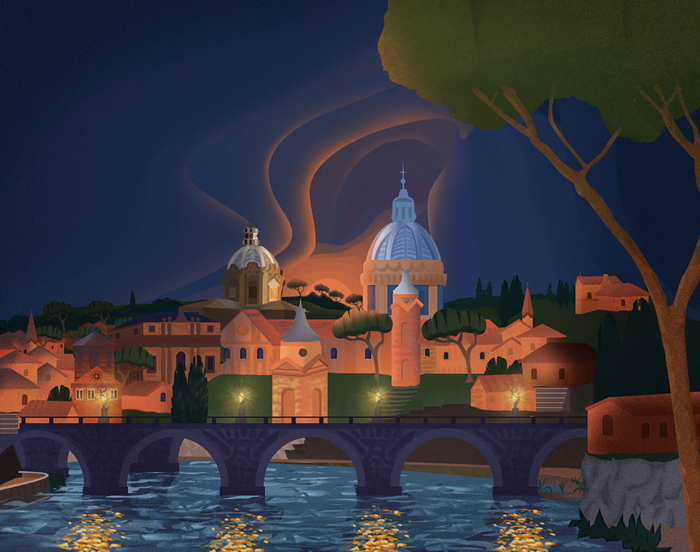 Digital painting of Rome, Italy at dusk