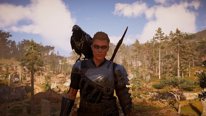 Eivor with a raven from Assassins Creed: Valhalla