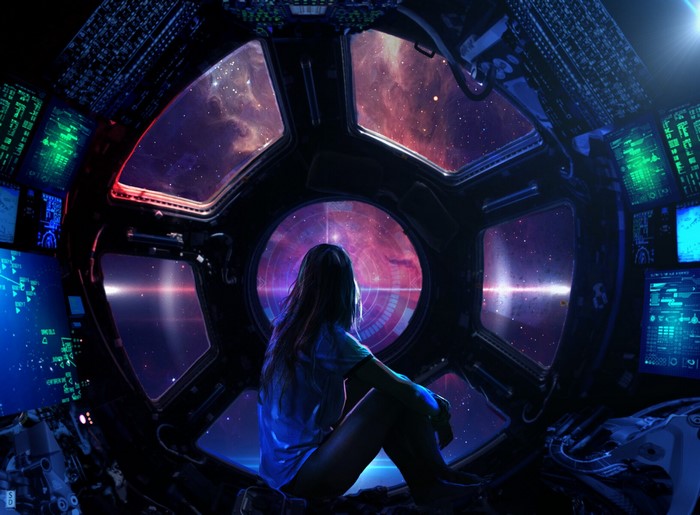 Woman looking out spaceship window at nebula