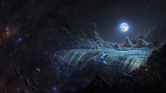 Fantasy space waterfall with moon and sailboat