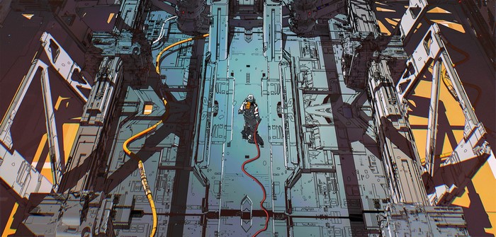 Astronaut in a futuristic industrial complex