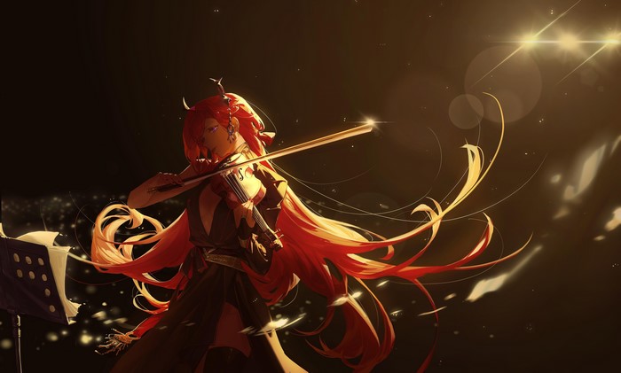 Surtr from Arknights playing violin