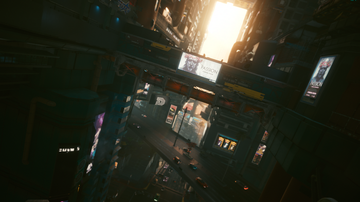 Cyberpunk 2077 city street with advertisements