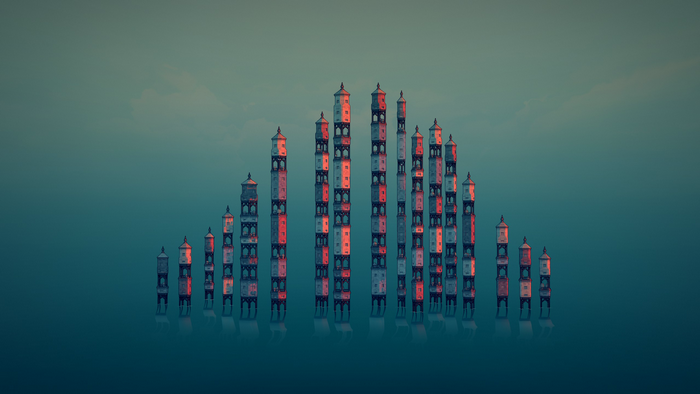 Towers in the water at sunset, Townscaper