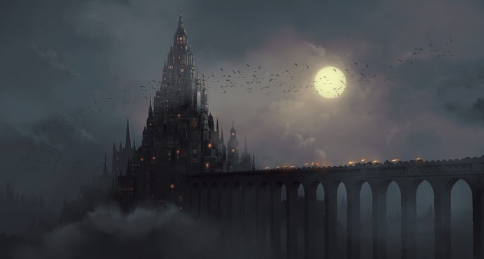 Gothic castle with bridge and moon at night