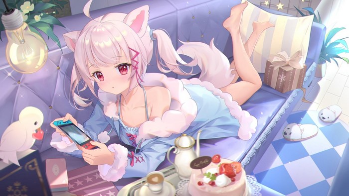 Anime girl with cat ears playing Nintendo Switch on couch