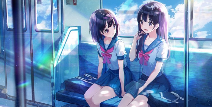 Two anime schoolgirls on a train