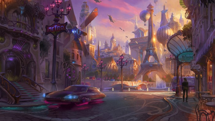 Futuristic Paris cityscape with Eiffel Tower and flying vehicles