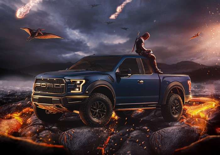 Deadpool on Ford F-150 Raptor with Pterodactyls and Meteor